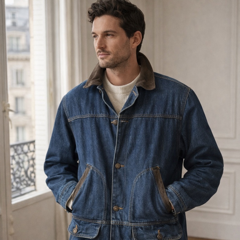 Vintage Sortables Denim Jacket Men’s M Quilted Lined Leather Trim Made Hong Kong